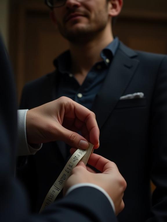 A tailor meticulously measuring a client for a bespoke suit.